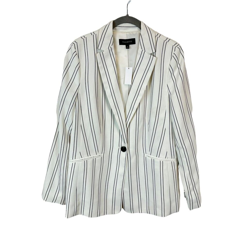 Talbots Blazer Jacket Womens Cream Black Stripe Long Sleeve One Button Size 10
